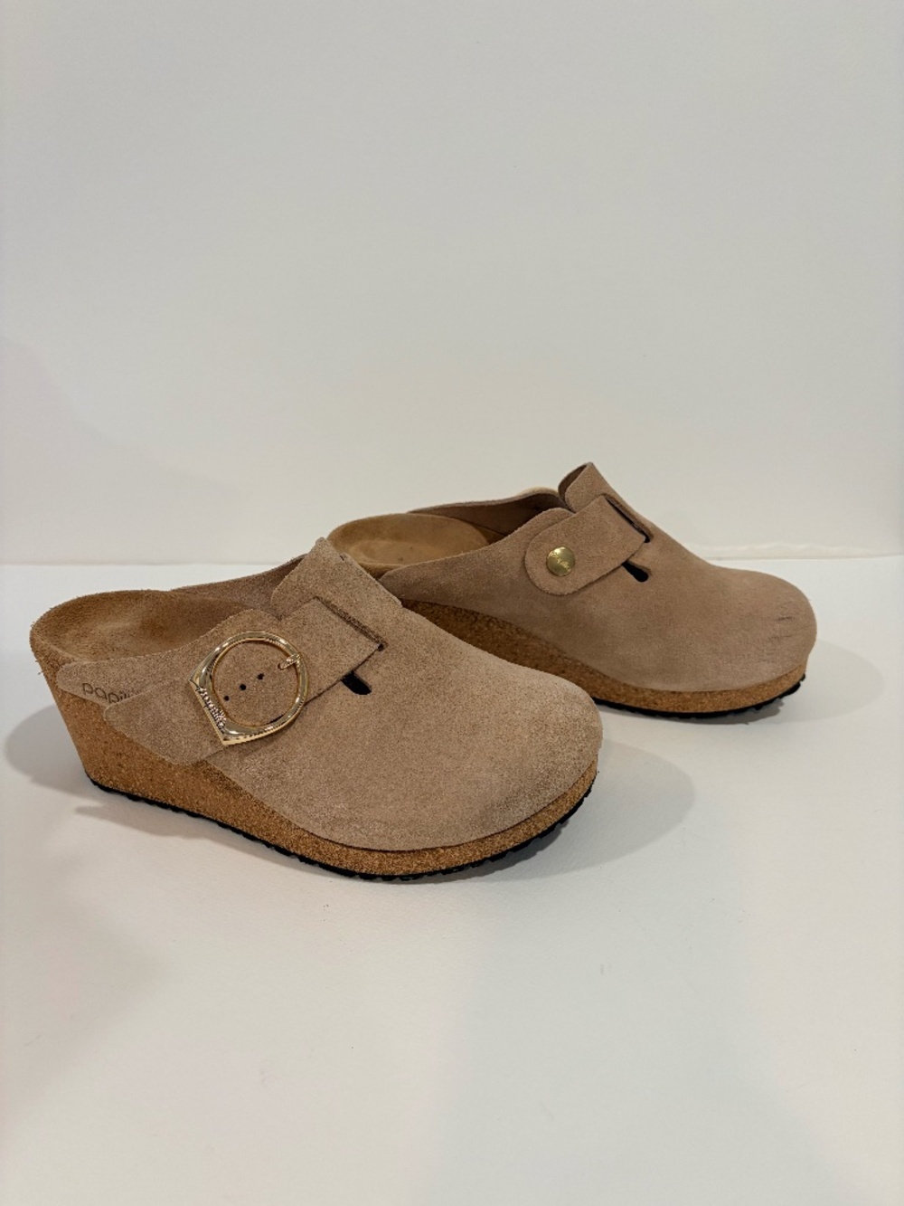 Birkenstock Papillio Fanny Taupe Suede Wedge Clogs 36 US 5-5.5